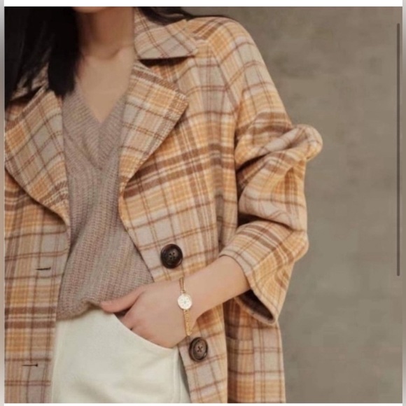 Petite Studio Jackets & Blazers - Petite Studio Plaid Beige Carmel Wool Coat